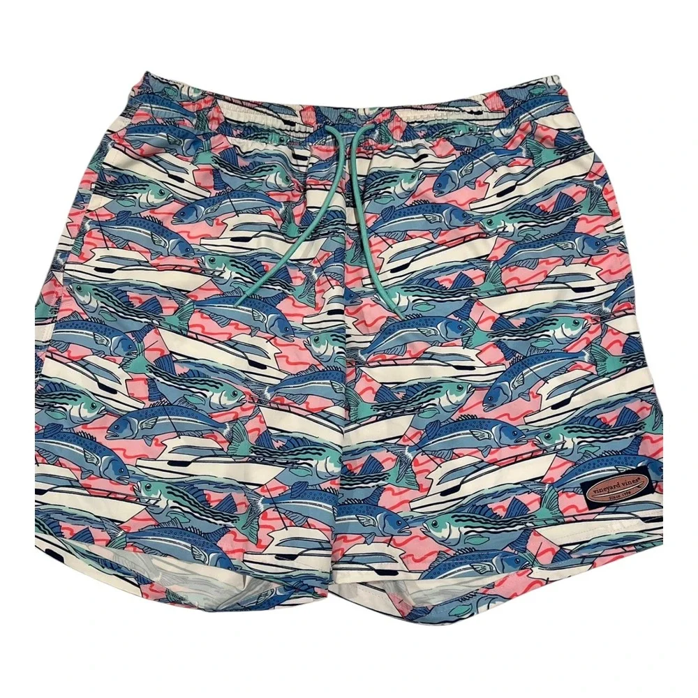 Vineyard Vines Men's L Swim Trunks Fish Print Drawstring Lined Pockets Blue